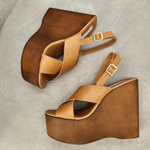 Steve Madden Platform Sandals 10 Brown Cognac Leather Galaxy Wedges New $100